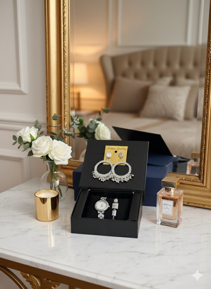 A luxurious silver jewellery and watch set